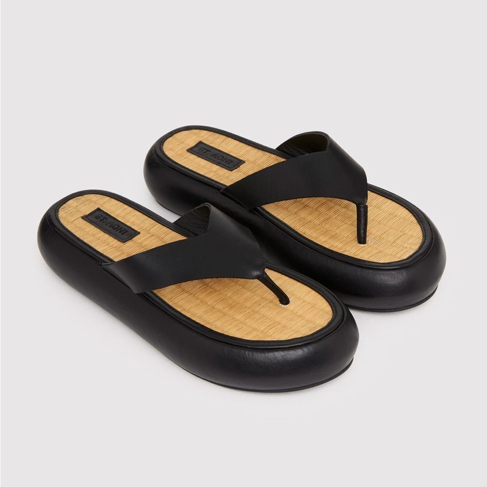 St. Agni Tatami Black Leather Raffia Platform Sandals